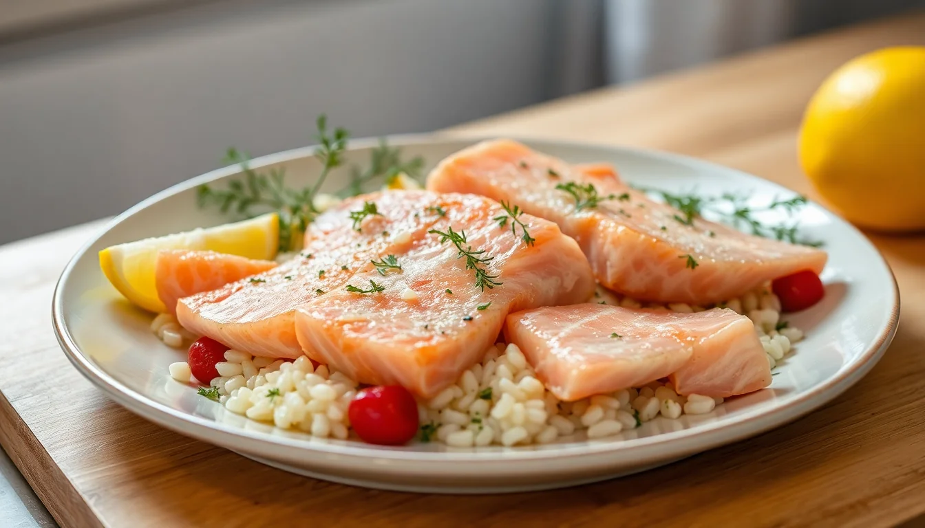Kokt laks med dillsmør, ris og agurksalat
