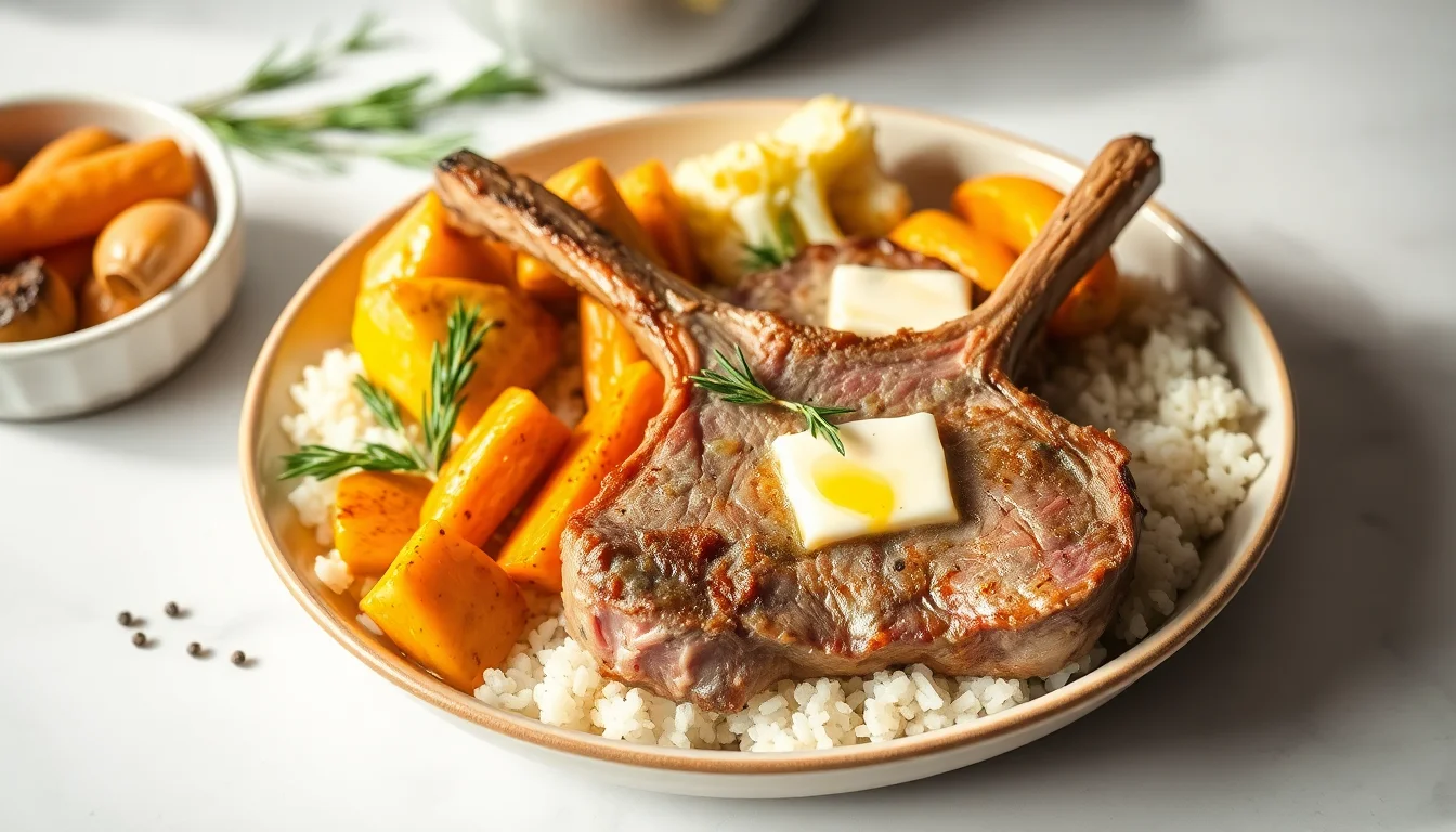 Lammekoteletter med rosmarinsmør og ovnsbakte grønnsaker
