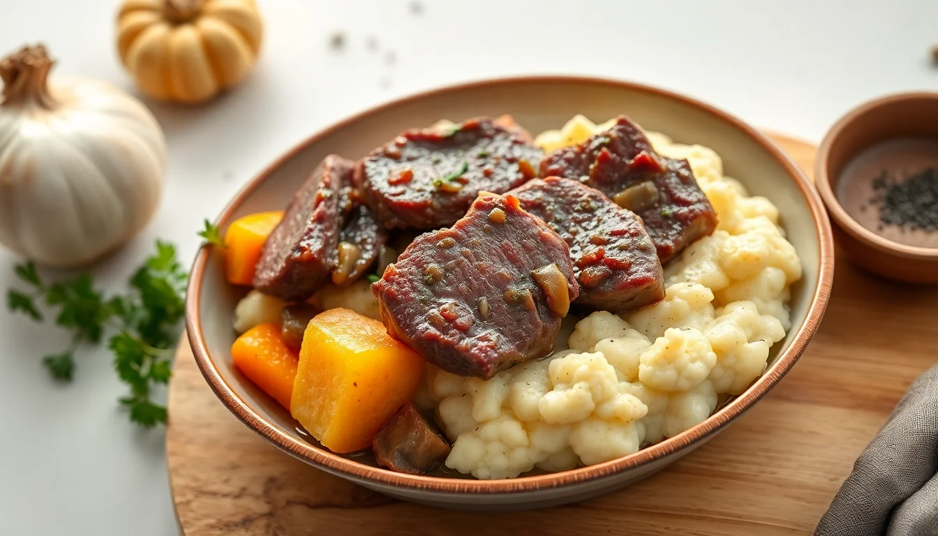 Kokt oksekjøtt med løksaus og blomkålpuré