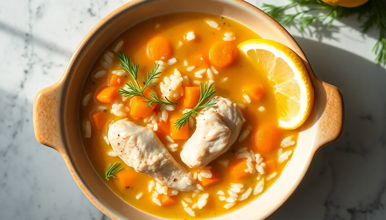 Kylling- og rissuppe med gulrot og dill