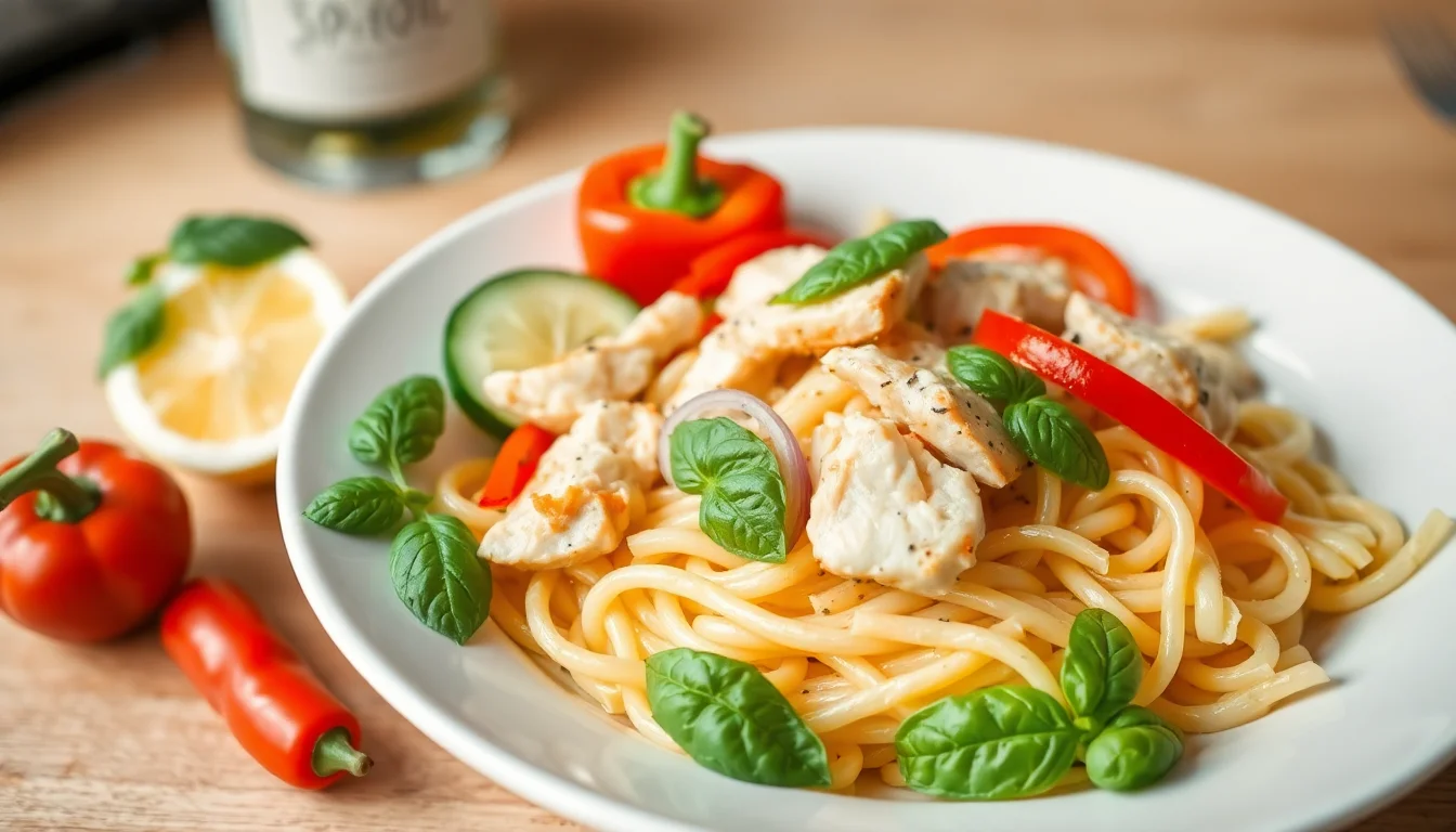 Pastasalat med kylling, paprika og basilikum