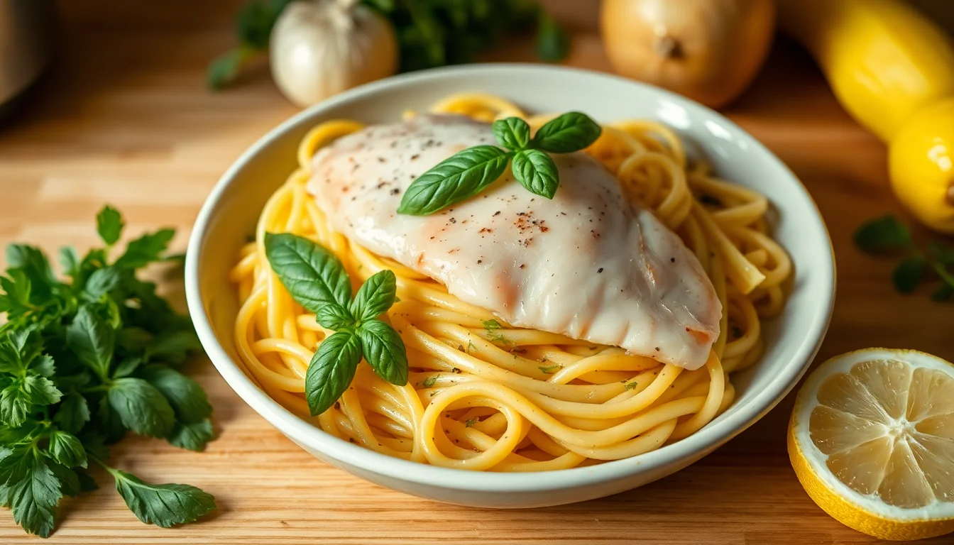 Kyllingfilet med basilikum og pasta