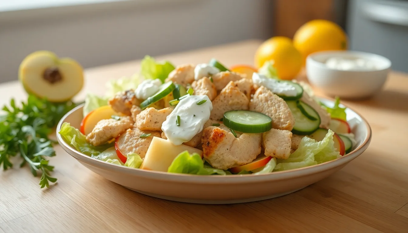 Kyllingsalat med eple, agurk og gressløkdressing