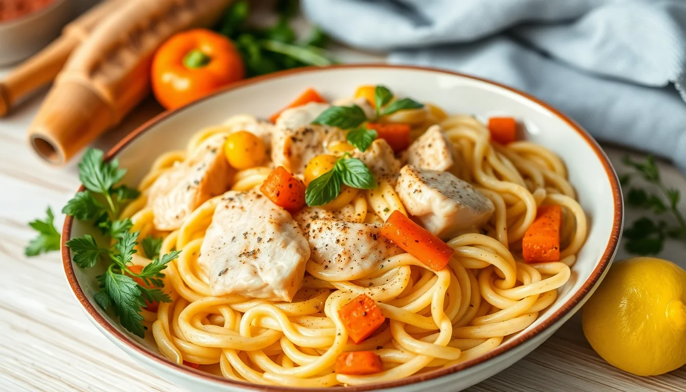 Kremet kyllingpasta med paprika og urter